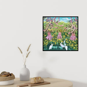 Preview of 'Storks (Egrets in Paradise)' Painting by Sudhakaran Edakandy shown on a wall in a furnished room.