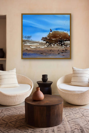 Storm And The Dusty Path (Countryside Commute) by artist Jiaur Rahman displayed in a Minimalist gallery