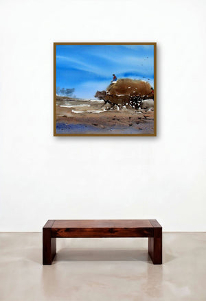 Storm And The Dusty Path (Countryside Commute) by artist Jiaur Rahman displayed in a Mid-Century Modern Lounge