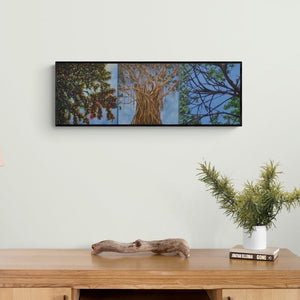 Preview of 'The Story Of Three Trees' Painting by Saurab Bhardwaj shown on a wall in a furnished room.