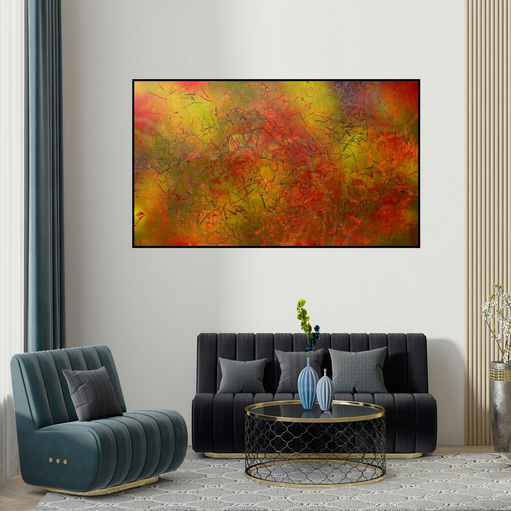 Aditi Chakravarty's 'Story Of A Valley (The Harvest Moon)' painting visualized above a sofa in a contemporary room.