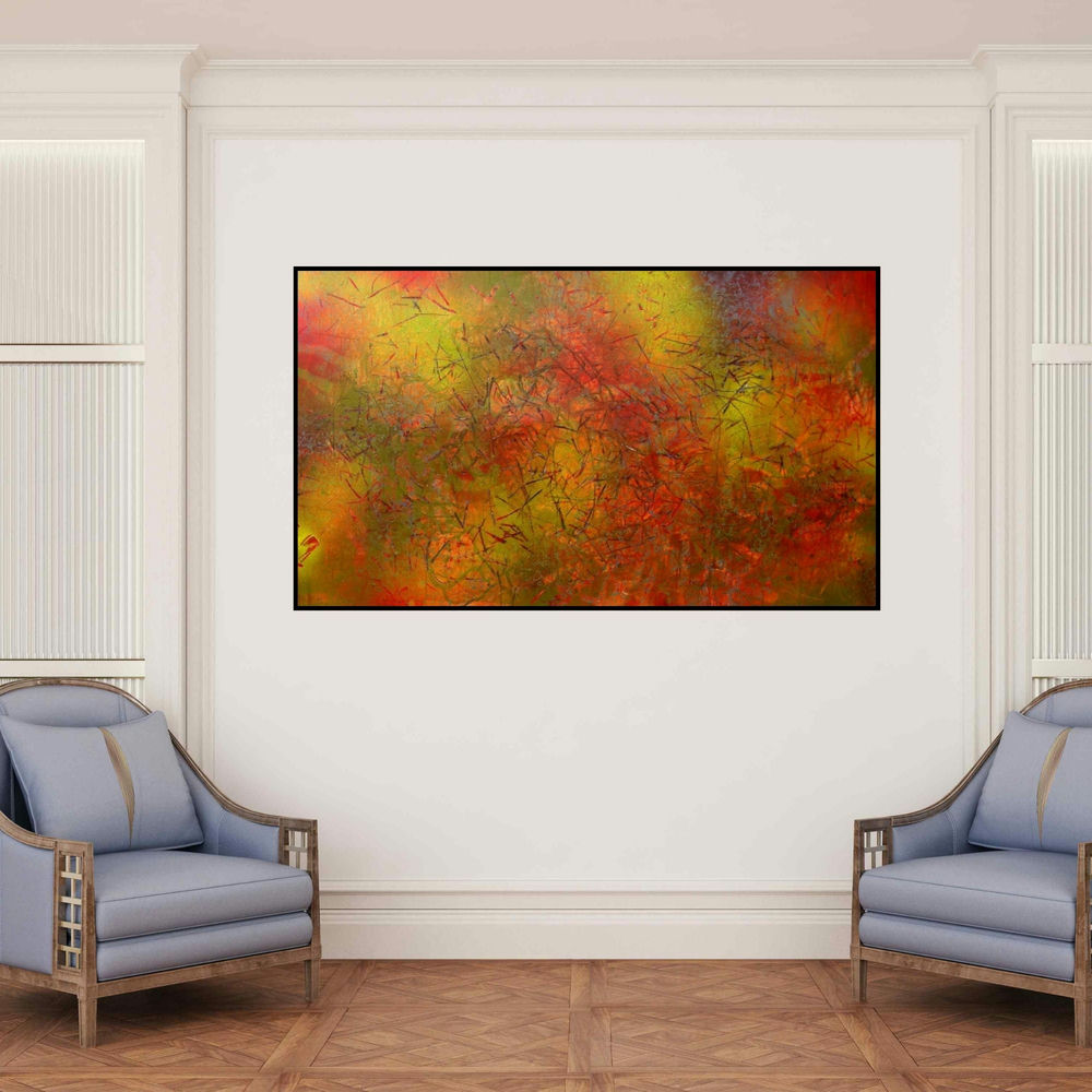 'Story Of A Valley (The Harvest Moon)' painting by Aditi Chakravarty shown on a wall in a furnished room.