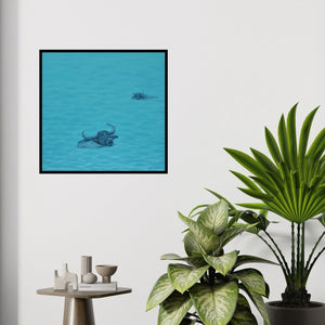 In-situ view of Dushyant Patel's 'Story Of Water 2 (Water Buffaloes in a Lake)' painting in a room