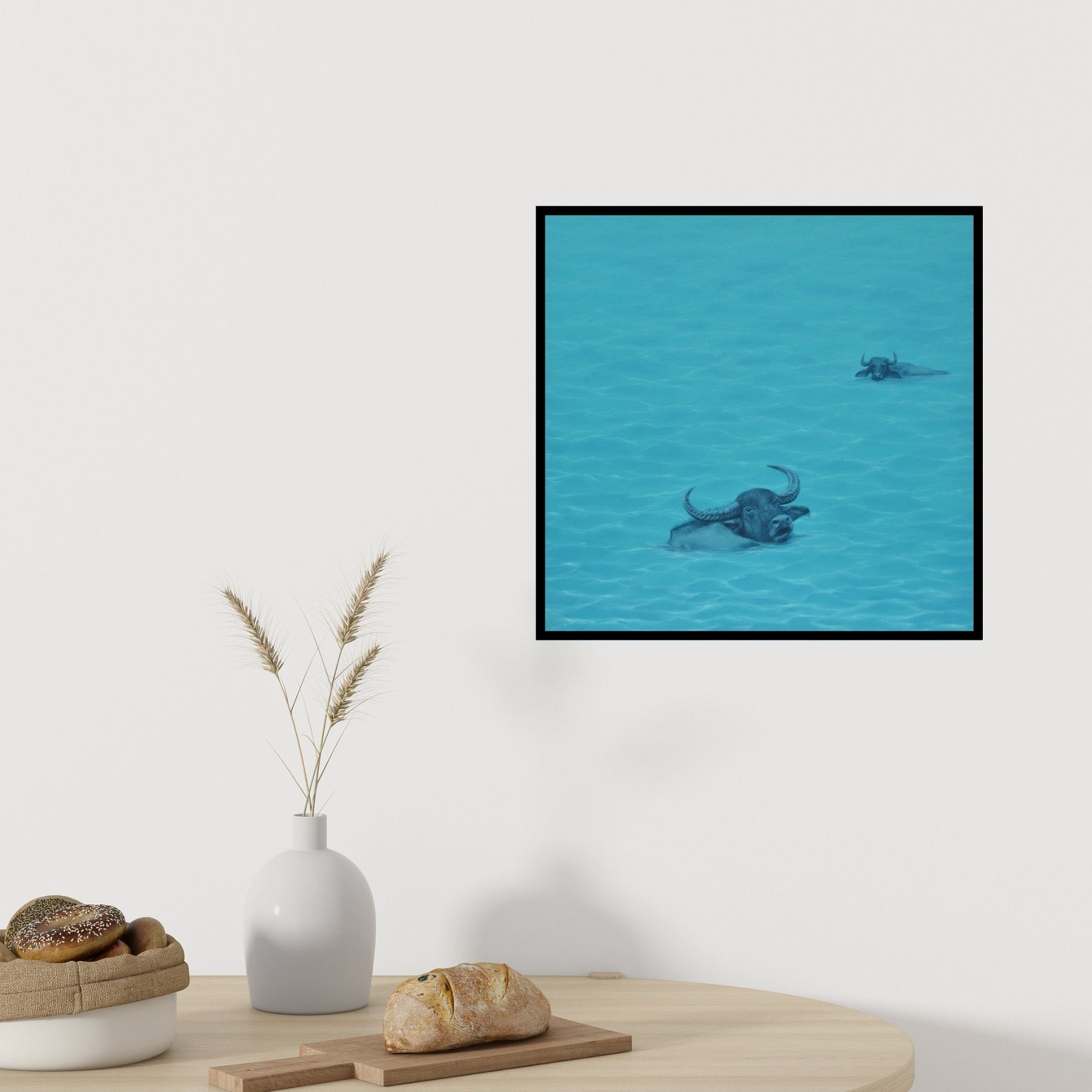 Preview of 'Story Of Water 2 (Water Buffaloes in a Lake)' Painting by Dushyant Patel shown on a wall in a furnished room.