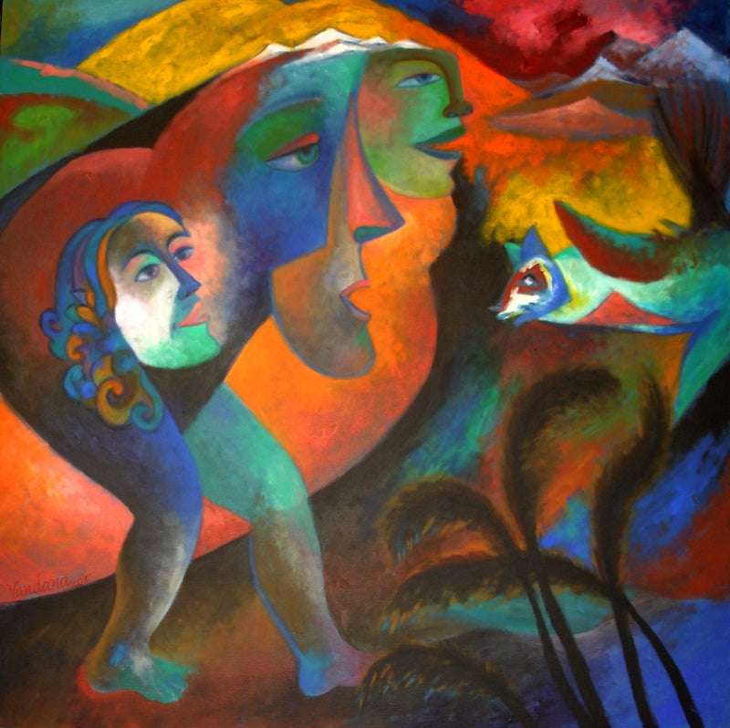 Strangers' figurative acrylic painting by artist Vandana Rakesh, 36x36 inch, on canvas