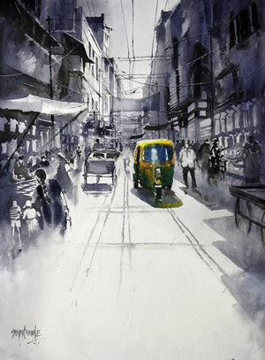 Landscape watercolor painting titled 'Street', 30x22 inches, by artist Sanjay Dhawale on Handmade Paper