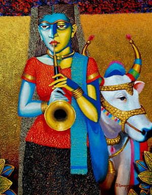 Figurative acrylic oil painting titled 'Street Beggar', 30x24 inches, by artist Dayanand Kamakar on Canvas