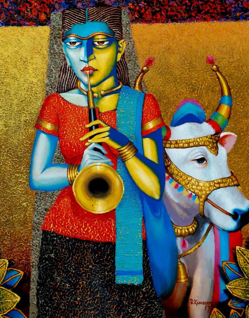 Figurative acrylic oil painting titled 'Street Beggar', 30x24 inches, by artist Dayanand Kamakar on Canvas