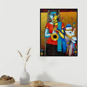 Dayanand Kamakar's 'Street Beggar (Woman with Cow)' painting visualized above a sofa in a contemporary room.