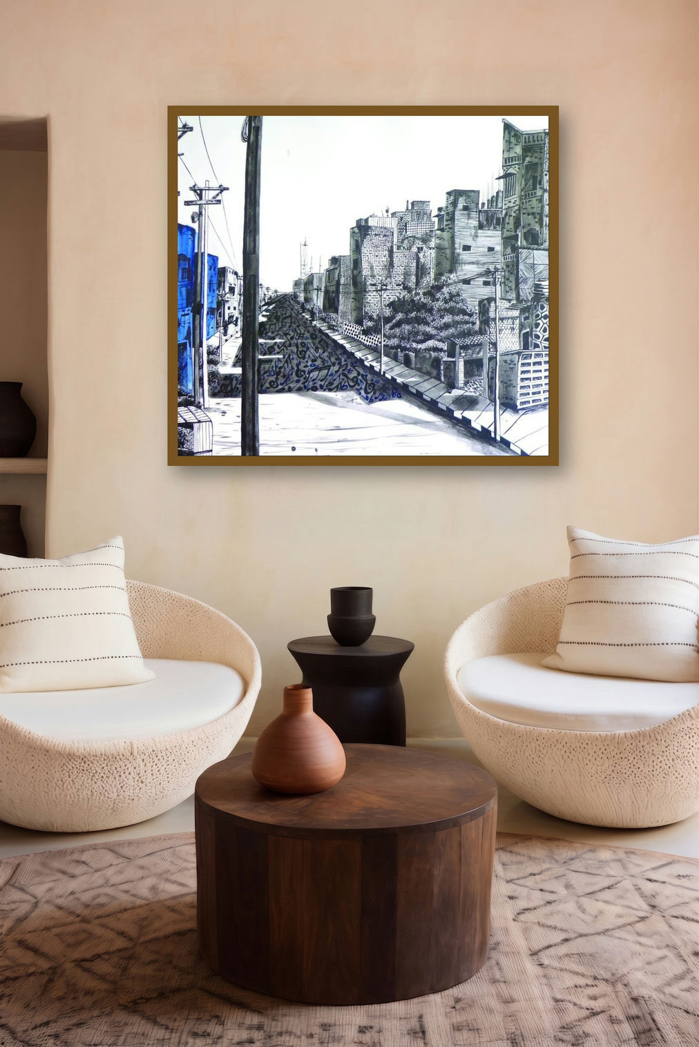 Street Of Music (Cityscape in Blue and Grey) by artist Divya Chinni displayed in a Indian Art gallery