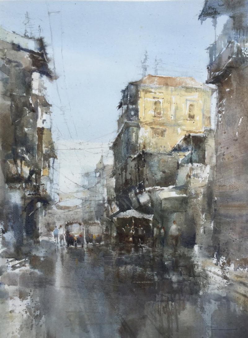 Cityscape watercolor painting titled 'Street Of Peershahkhunt', 19x14 inches, by artist Shadab Kazi on Paper