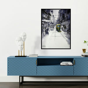 'Street' painting by Sanjay Dhawale shown on a wall in a furnished room.