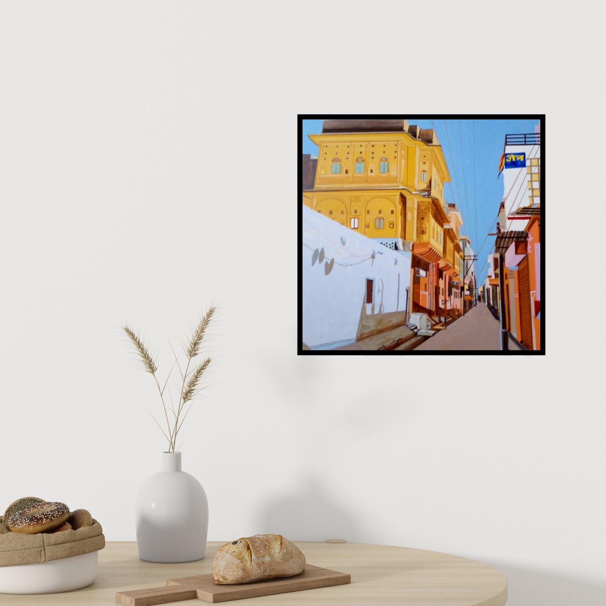 Preview of 'Street Series 5 (Jaipur Streetscape)' Painting by Ajay Mishra shown on a wall in a furnished room.