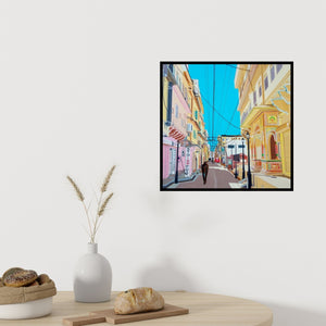 Preview of 'Street Series 6 (Jodhpur's Blue Hues)' Painting by Ajay Mishra shown on a wall in a furnished room.