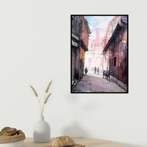 Amit Kapoor's 'Street Of Varanasi' painting visualized above a sofa in a contemporary room.