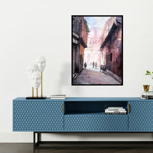 'Street Of Varanasi' painting by Amit Kapoor shown on a wall in a furnished room.