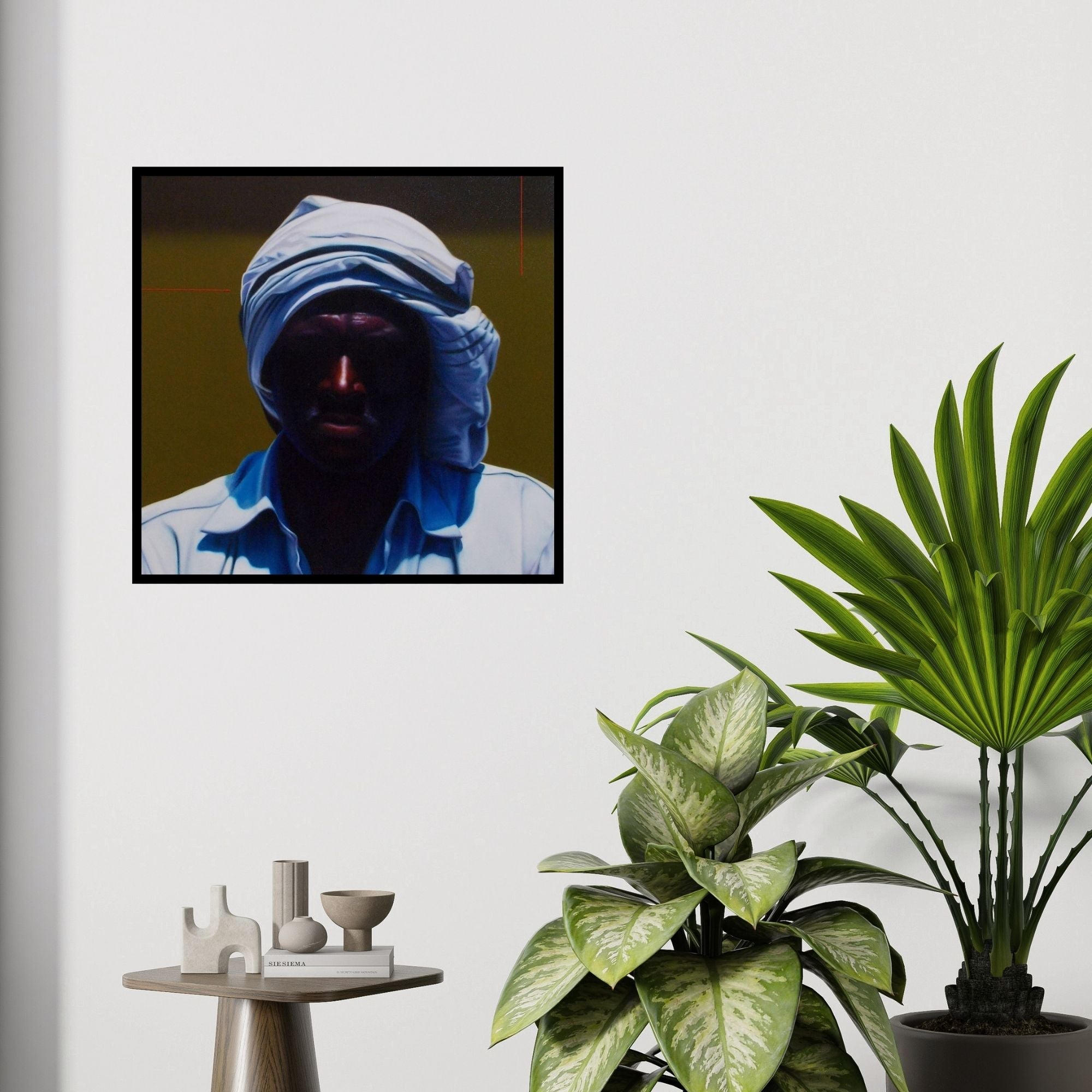 In-situ view of Abid Shaikh's 'Street Vendor' painting in a room
