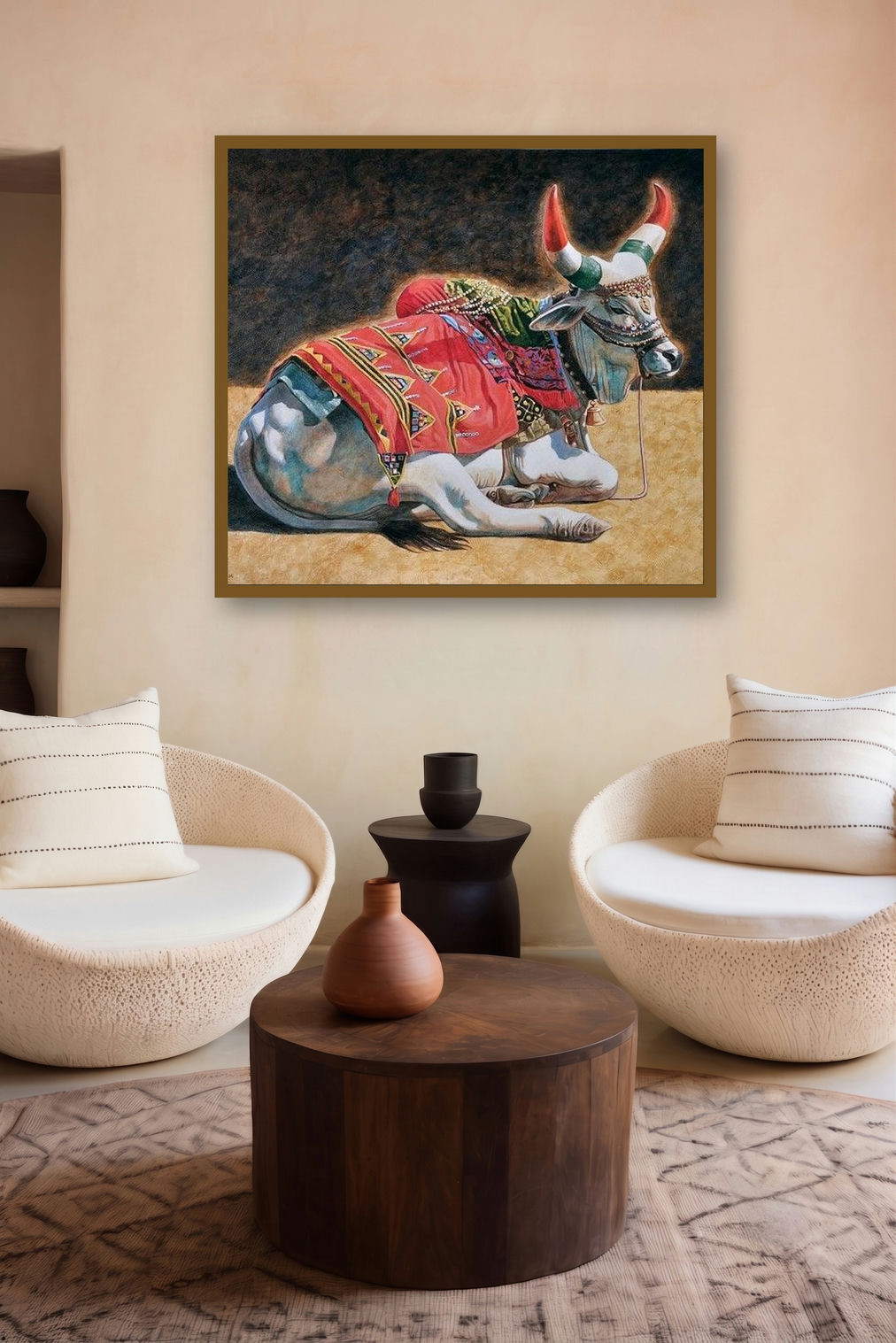 Strength And Elegance (Decorated Bull) by artist Gopal Nandurkar displayed in a Contemporary gallery