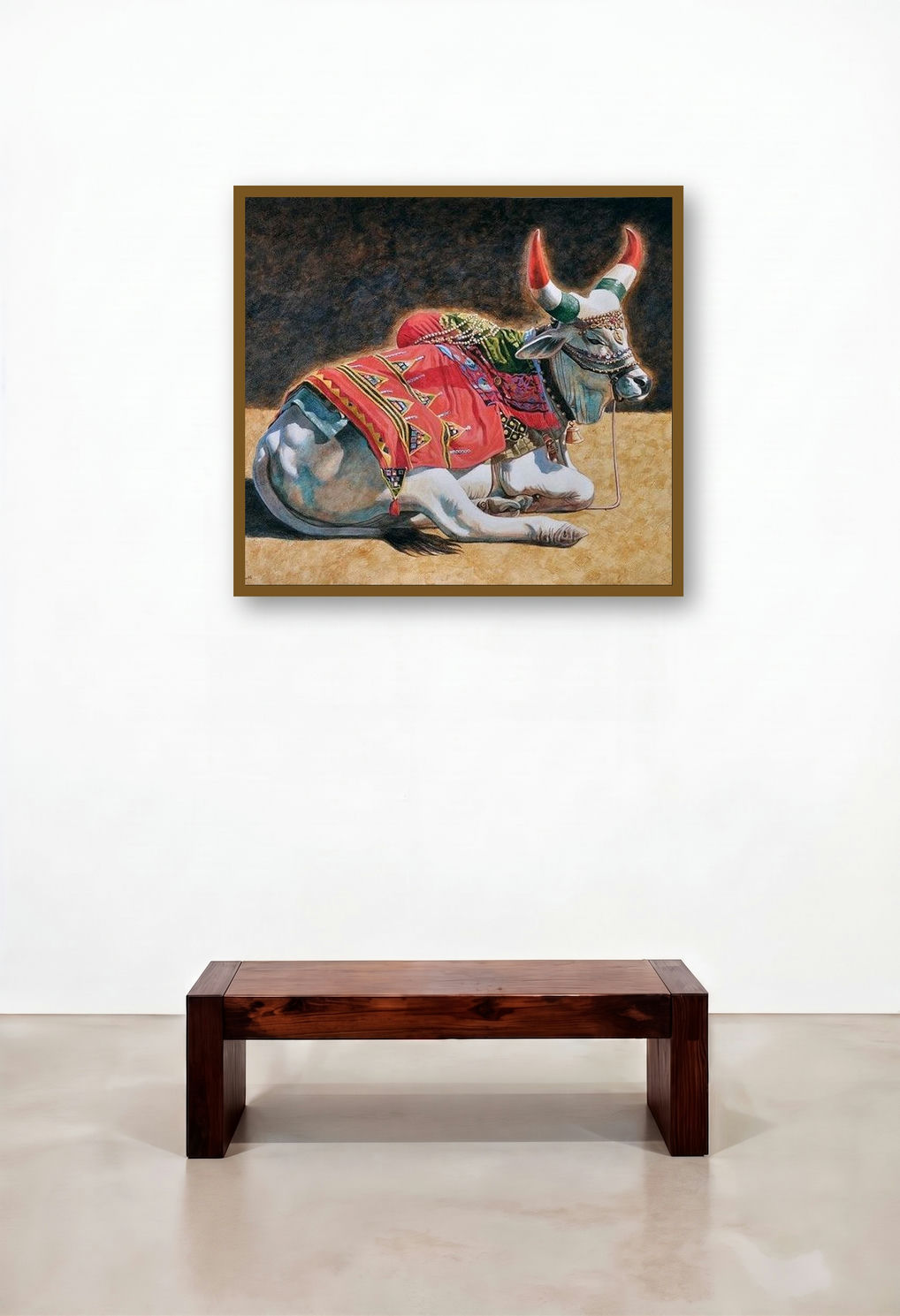 Strength And Elegance (Decorated Bull) by artist Gopal Nandurkar displayed in a Coastal Executive Office