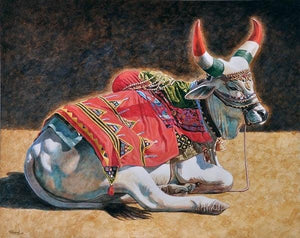 Strength And Elegance (Decorated Bull) by Gopal Nandurkar, Original Acrylic Animal Painting on Canvas Board, Medium Horizontal Wall Art
