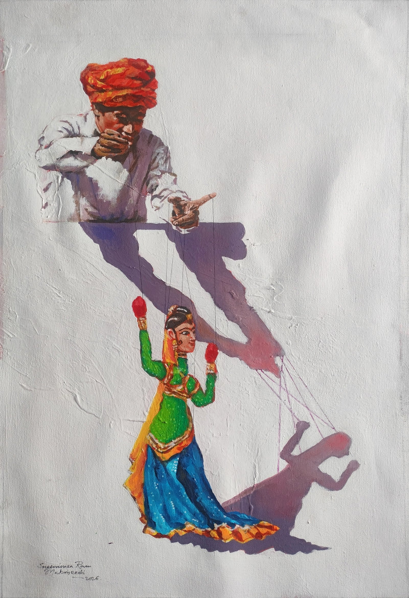 Strings And Shadows' figurative acrylic painting by artist Srinivasa Ram Makineedi, 24x16 inch, on canvas