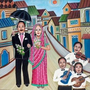 Stroll Down The Memory Lane (Nayanaa Kanodia Stuns in Glamorous Portrait) by Nayanaa Kanodia, Original Oil Figurative Painting on Canvas, Medium Square Wall Art