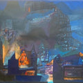 Cityscape oil painting titled 'Structure 4', 40x60 inches, by artist Somenath Maity on Canvas