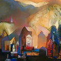 Cityscape oil painting titled 'Structure 5', 40x50 inches, by artist Somenath Maity on Canvas