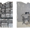 Structure Sewing Machine Story' contemporary etching printmaking by artist Pooja Shinde, 10x20 inch, on paper