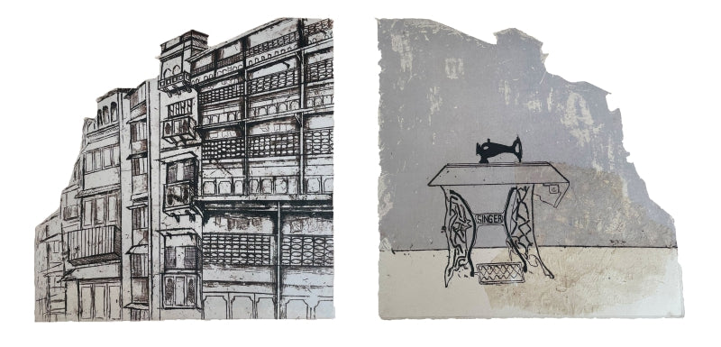 Structure Sewing Machine Story' contemporary etching printmaking by artist Pooja Shinde, 10x20 inch, on paper
