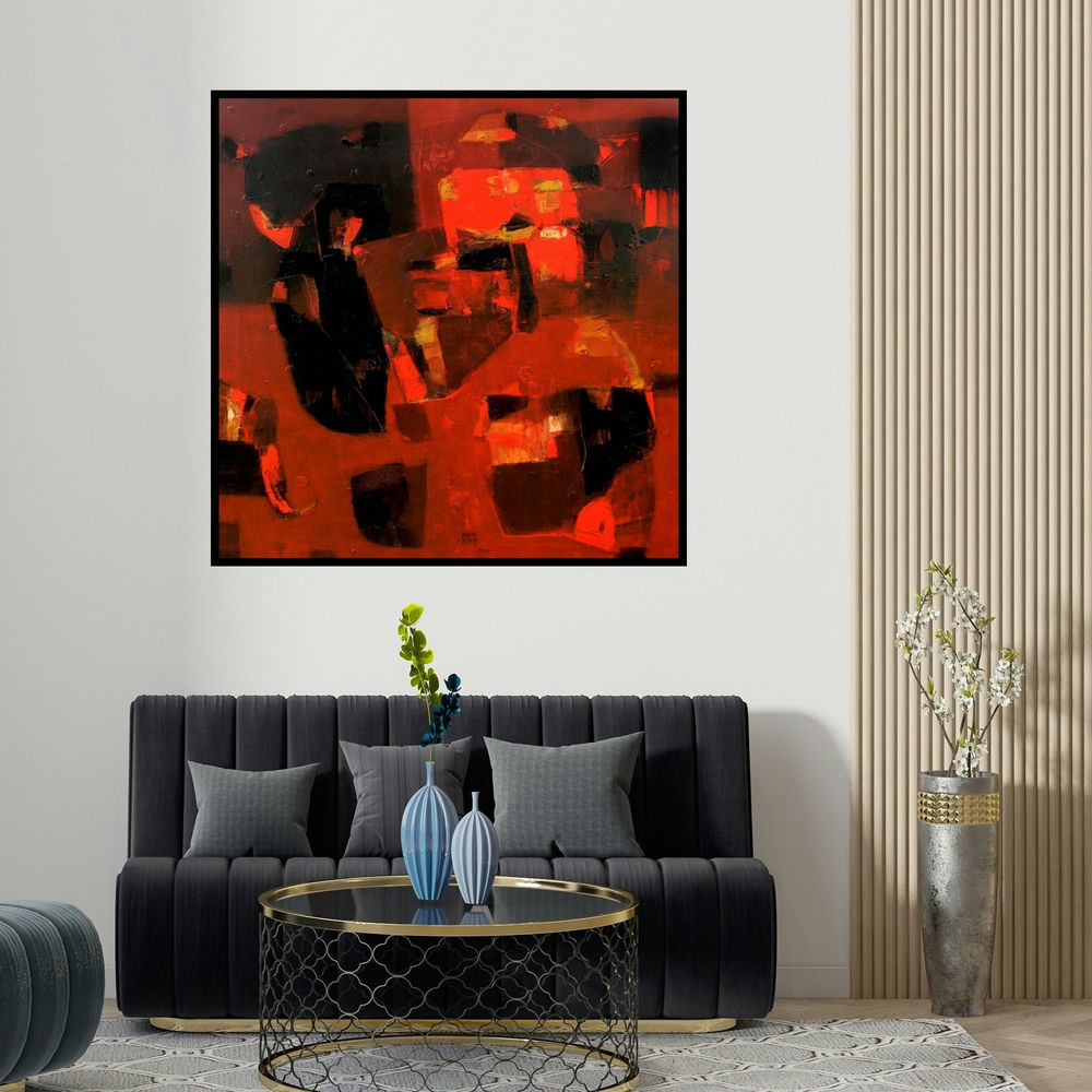 Jayesh Borse's 'Struggling Thoughts (Red and Black Abstract)' painting visualized above a sofa in a contemporary room.