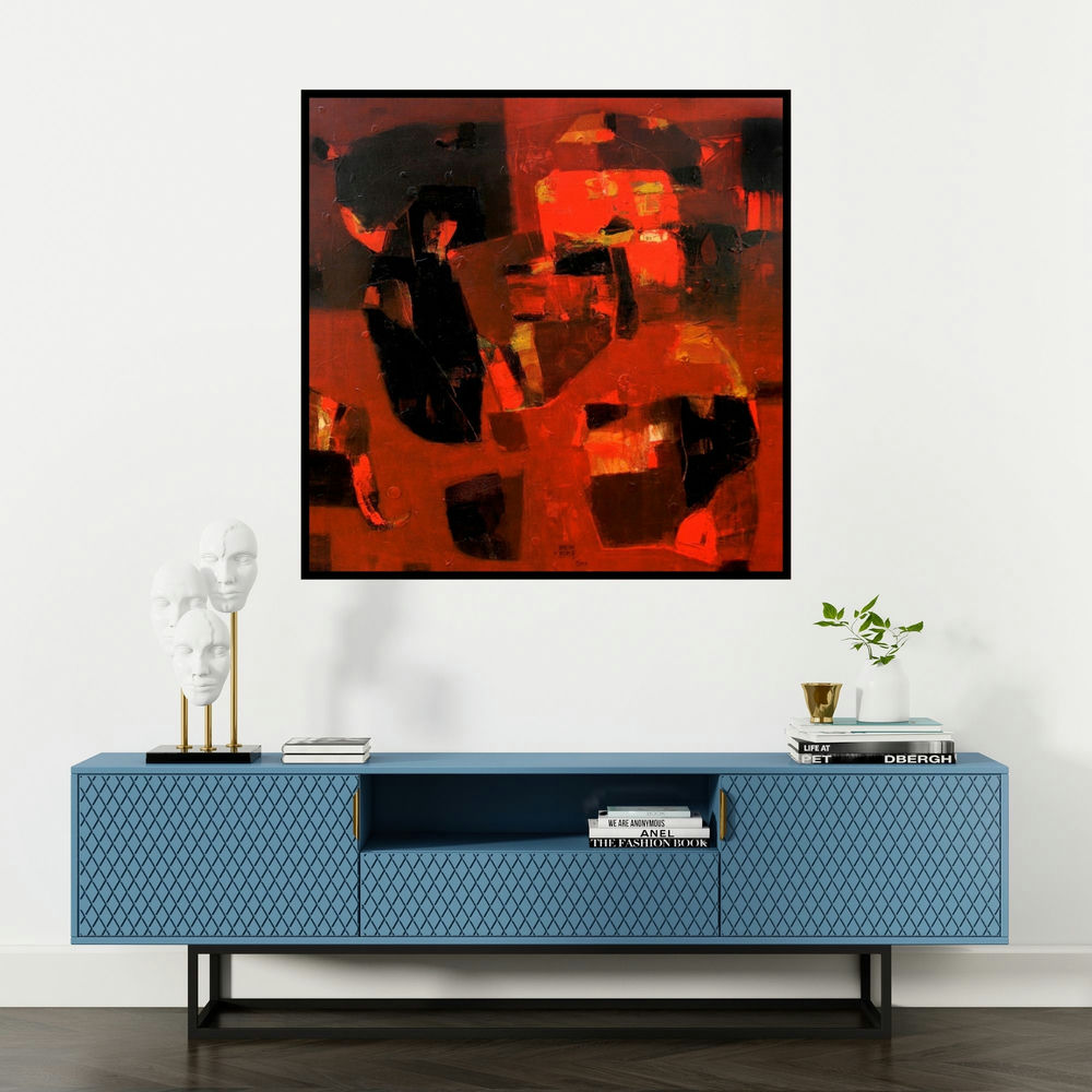 'Struggling Thoughts (Red and Black Abstract)' painting by Jayesh Borse shown on a wall in a furnished room.