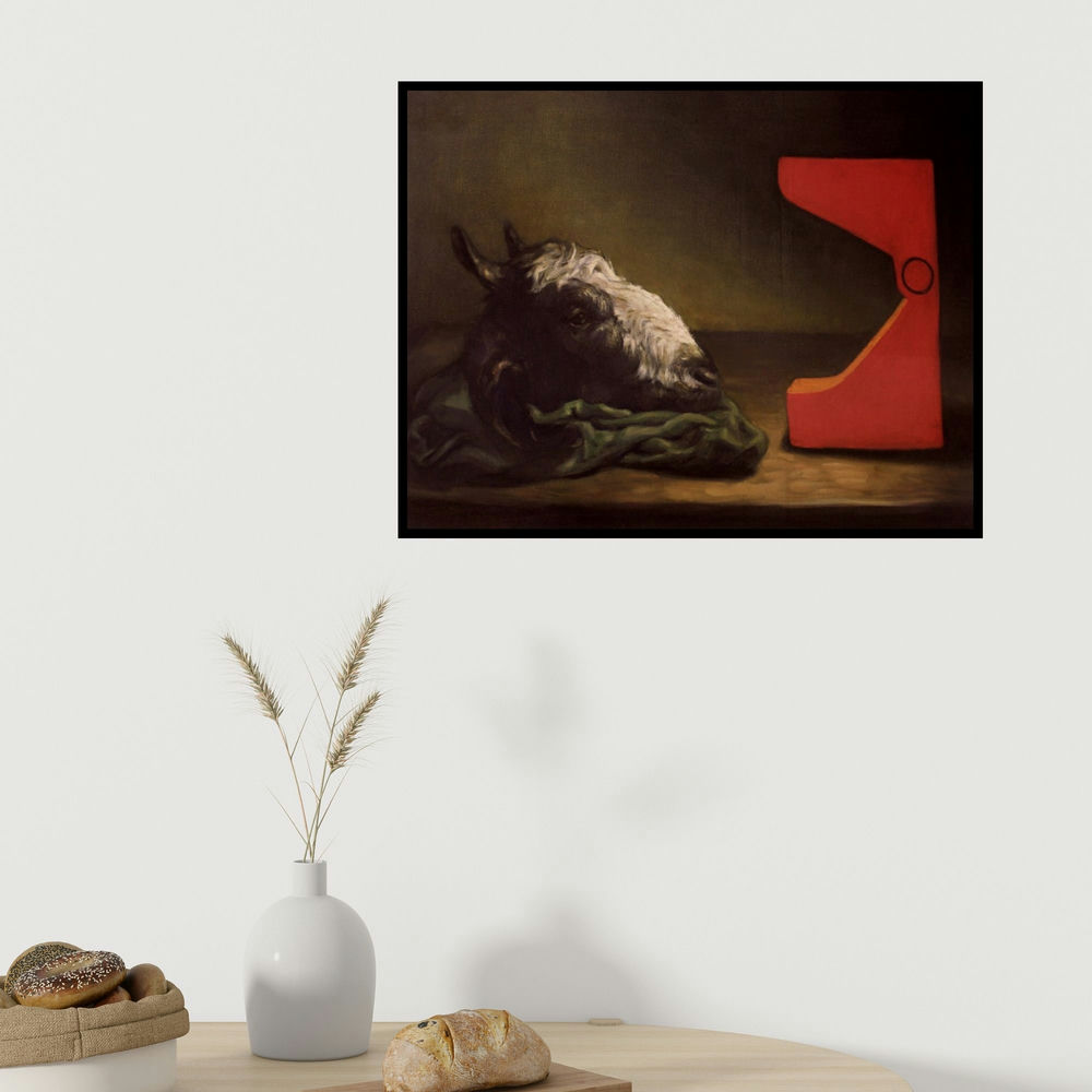 Aditya Puthur's 'Study Table (The Enigma)' painting visualized above a sofa in a contemporary room.