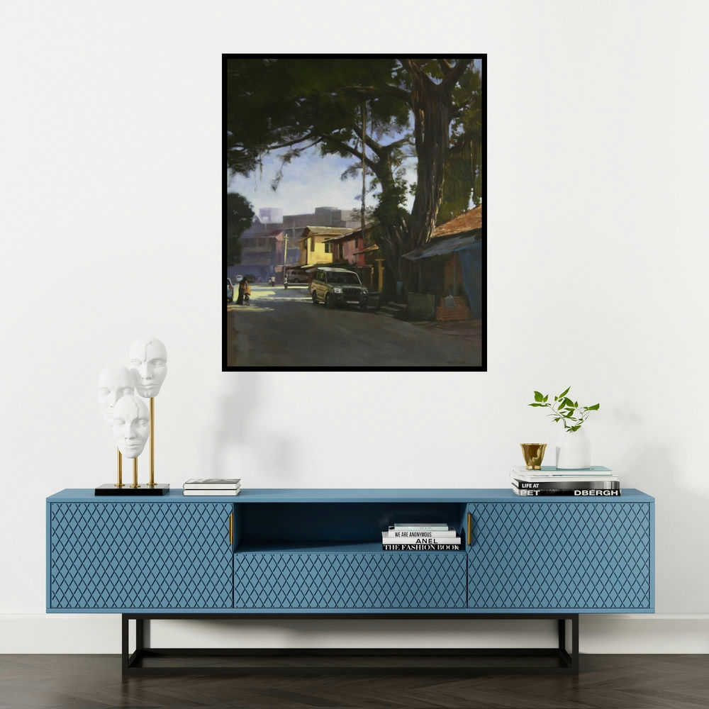 Manoj Deshmukh's 'Sublime Tree (Suburban Street)' painting visualized above a sofa in a contemporary room.