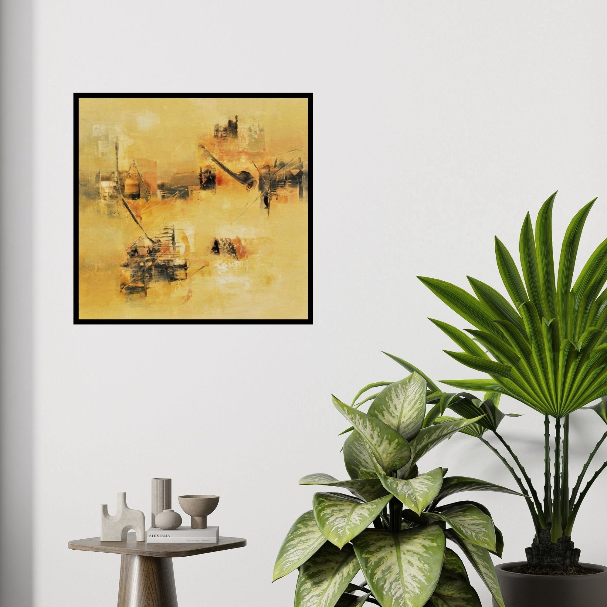 In-situ view of Raju Durshettiwar's 'Subtle Ochre (Ochre Whispers)' painting in a room