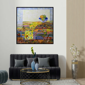 Shilpa Pachpor's 'Succulents (Bowl of Succulents)' painting visualized above a sofa in a contemporary room.