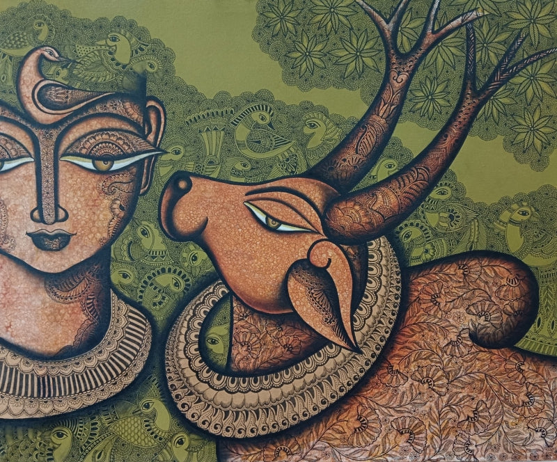 Sugandha Sarita' religious mixed-media painting by artist Mohit Bhardwaj, 36x30 inch, on canvas