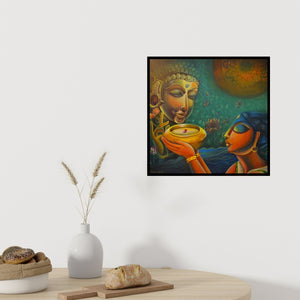 Preview of 'Sujata (The Offering)' Painting by Sumon Naskar shown on a wall in a furnished room.