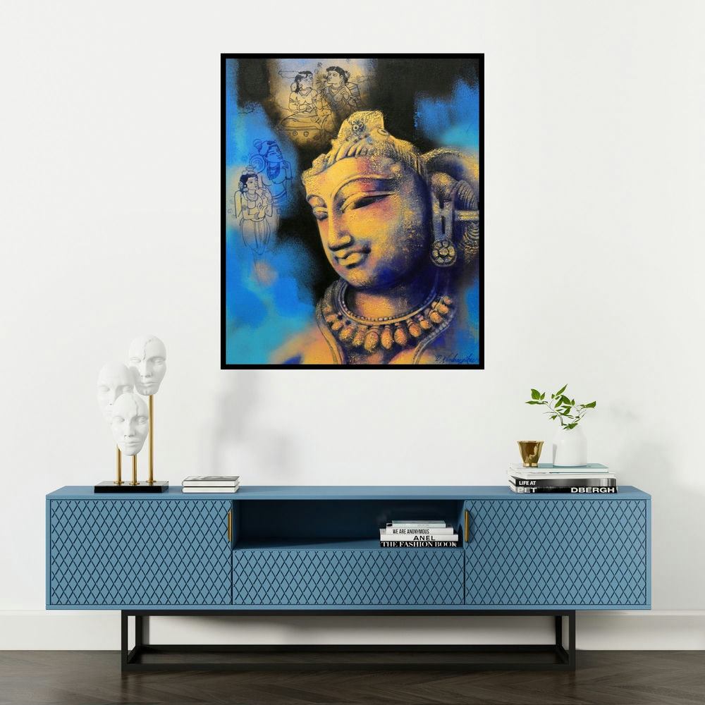 Devendra Nimbargikar's 'Sukanya (Reflections of Divinity)' painting visualized above a sofa in a contemporary room.