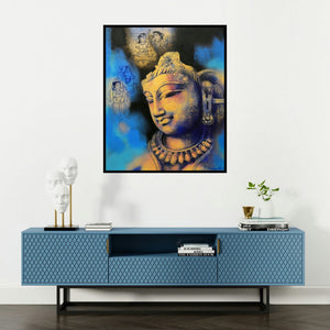 Devendra Nimbargikar's 'Sukanya (Reflections of Divinity)' painting visualized above a sofa in a contemporary room.