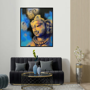 'Sukanya (Reflections of Divinity)' painting by Devendra Nimbargikar shown on a wall in a furnished room.