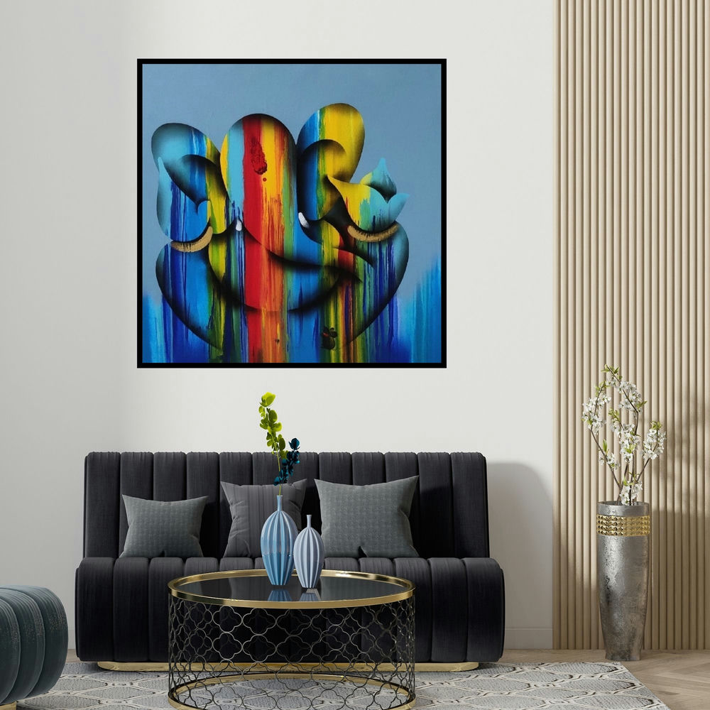 Paras Parmar's 'Sukhkarta (Ganesha in Rainbow Hues)' painting visualized above a sofa in a contemporary room.