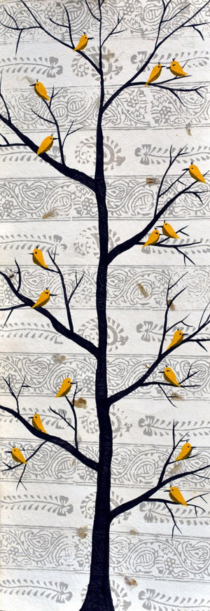 Sukhvan (Birdsong Serenade: A Tapestry of Life) by Sumit Mehndiratta, Original Acrylic Nature Painting on Canvas, Small Vertical Wall Art