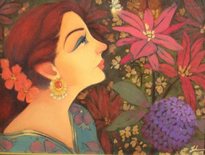 Suman (The Lamplighter) by Renuka Fulsoundar, Original Oil Figurative Painting on Canvas, Small Horizontal Wall Art