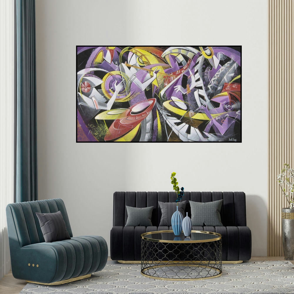 Swati Pasari's 'The Summer Wine' painting visualized above a sofa in a contemporary room.