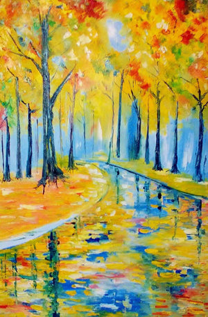 Summer Woods by Kiran Bableshwar, Original Oil Impressionist Painting on Canvas, Small Vertical Wall Art