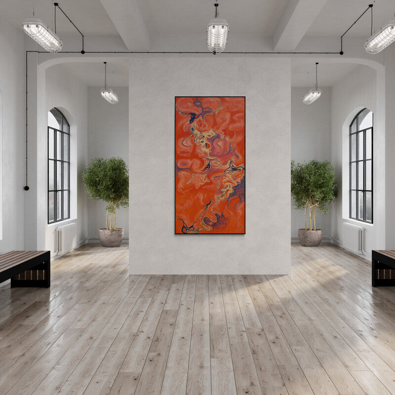 Preview of 'With Sun (Crimson Currents)' Painting by Vanchha Dixit shown on a wall in a furnished room.