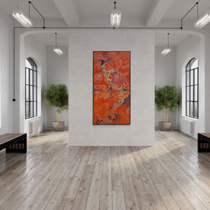 Vanchha Dixit's painting 'With Sun (Crimson Currents)' displayed in a modern living room setting