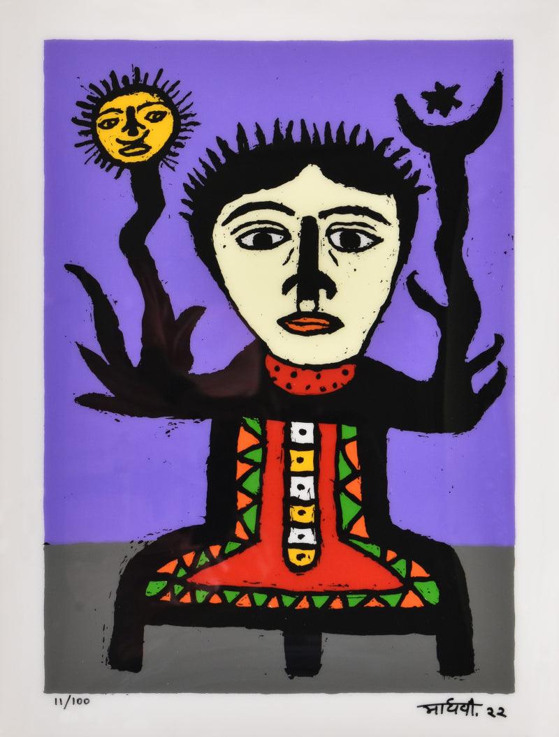 Figurative reverse serigraph painting titled 'Sun And Moon', 16x12 inches, by artist Madhvi Parekh on Acrylic