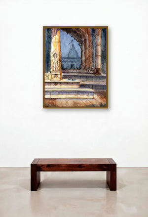 Sun God (Temple Interior) by artist Krupa Shah displayed in a Transitional Executive Office
